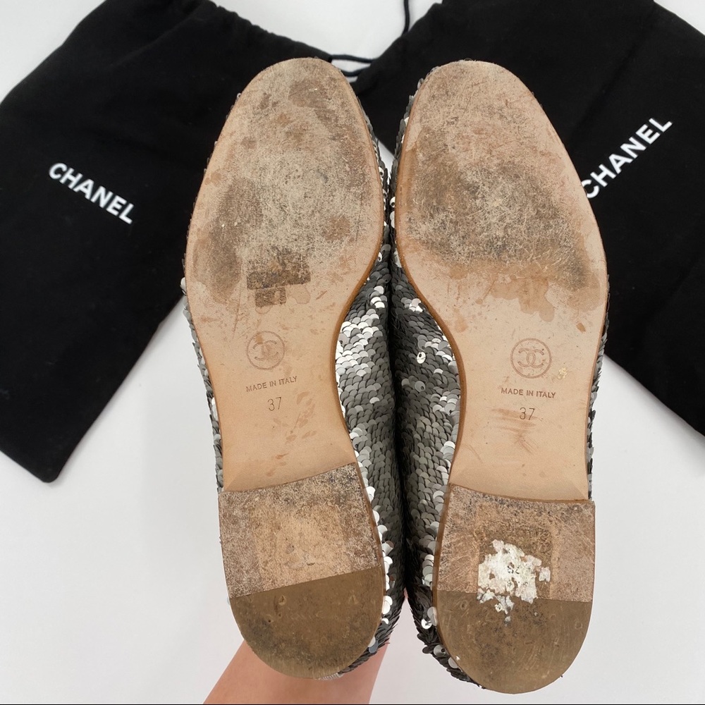CHANEL | Silver Sequin Loafers Slippers Flats - Picture 11 of 12